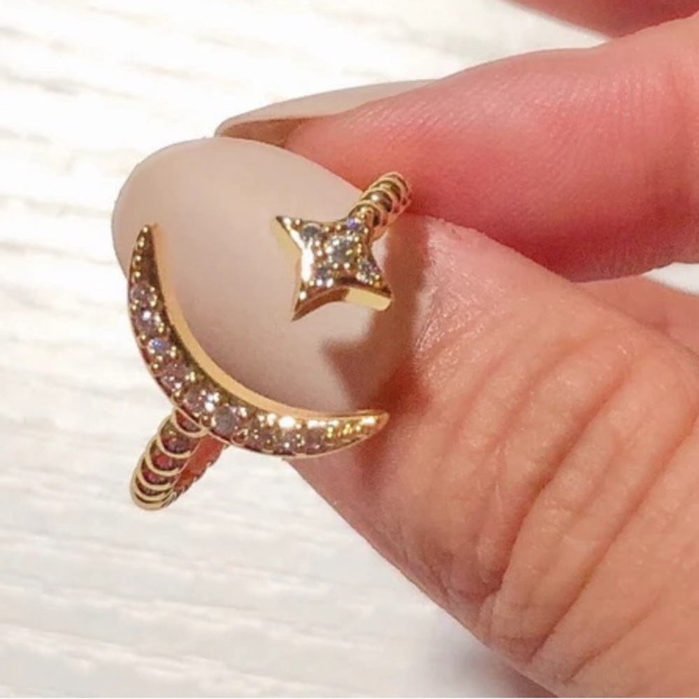 NEW Crescent Moon & Star Ring |‎ Yellow Gold Plated Sterling Silver